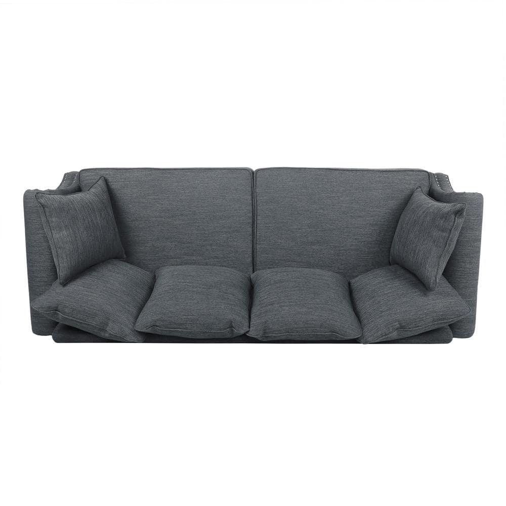 Noble House Viewland Fabric Pillowback 3 Seater Sofa with Nailhead Trim, Charcoal and Dark Brown