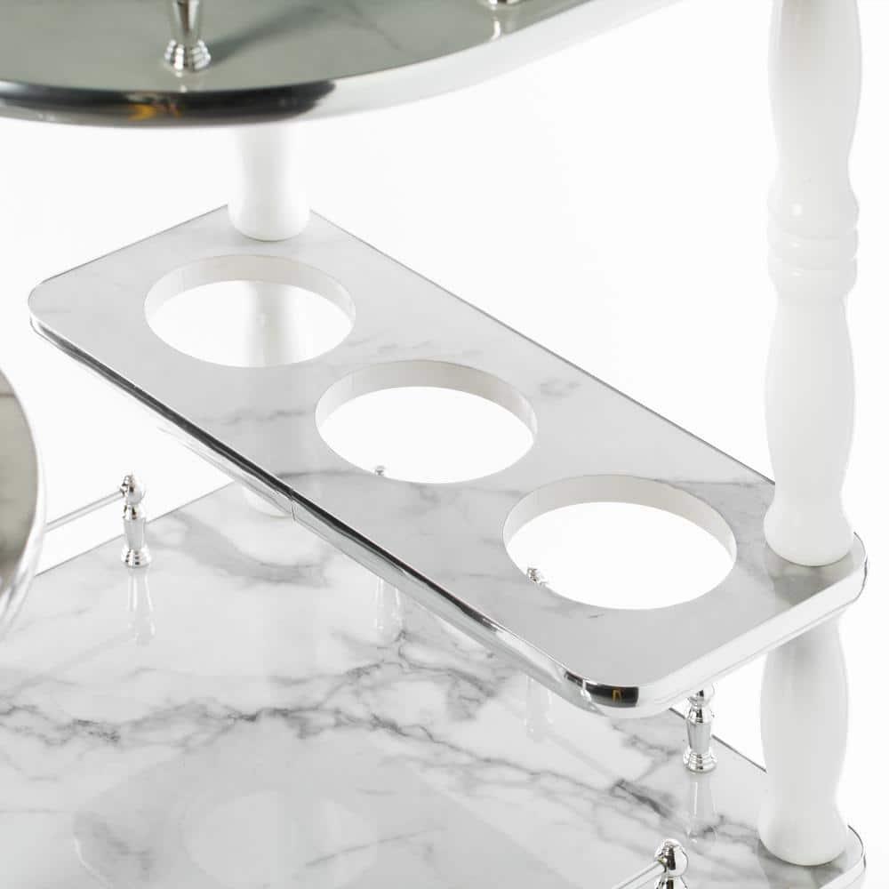 Fabulaxe Wood Serving Bar Cart Tea Trolley with 3 Tier Shelves and Rolling Wheels, Silver, White and Gray
