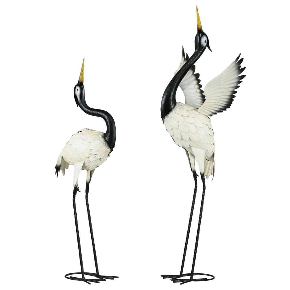 Outsunny Heron Garden Statues, 35.5" & 40.5" Standing Bird Sculptures, Metal Yard Art Decor, Landscape Decoration Set of 2, White & Black
