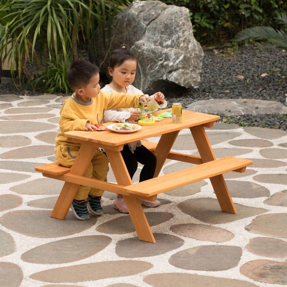 Gardenised Wooden Kids Outdoor Picnic Table for Garden and Backyard, Stained