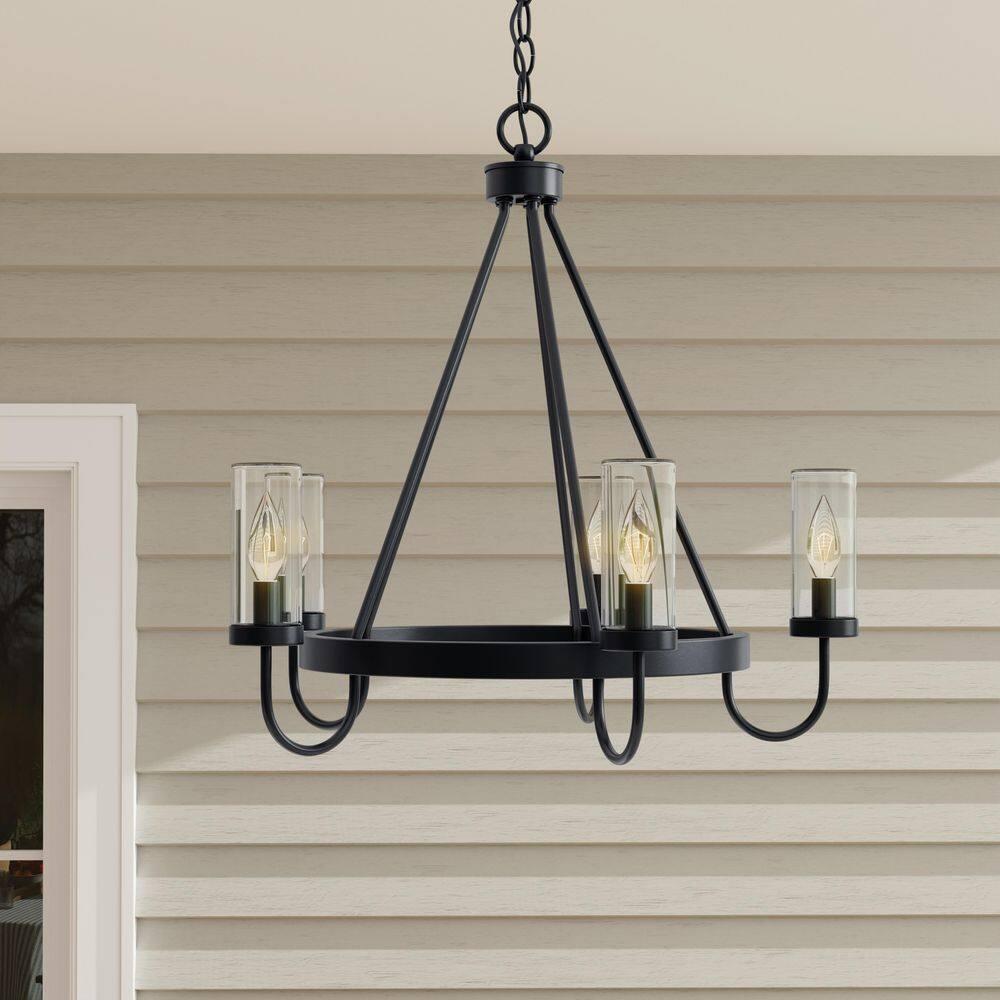 Progress Lighting Swansea 5-Light Outdoor Living Round Chandelier, Matte Black, Clear Glass