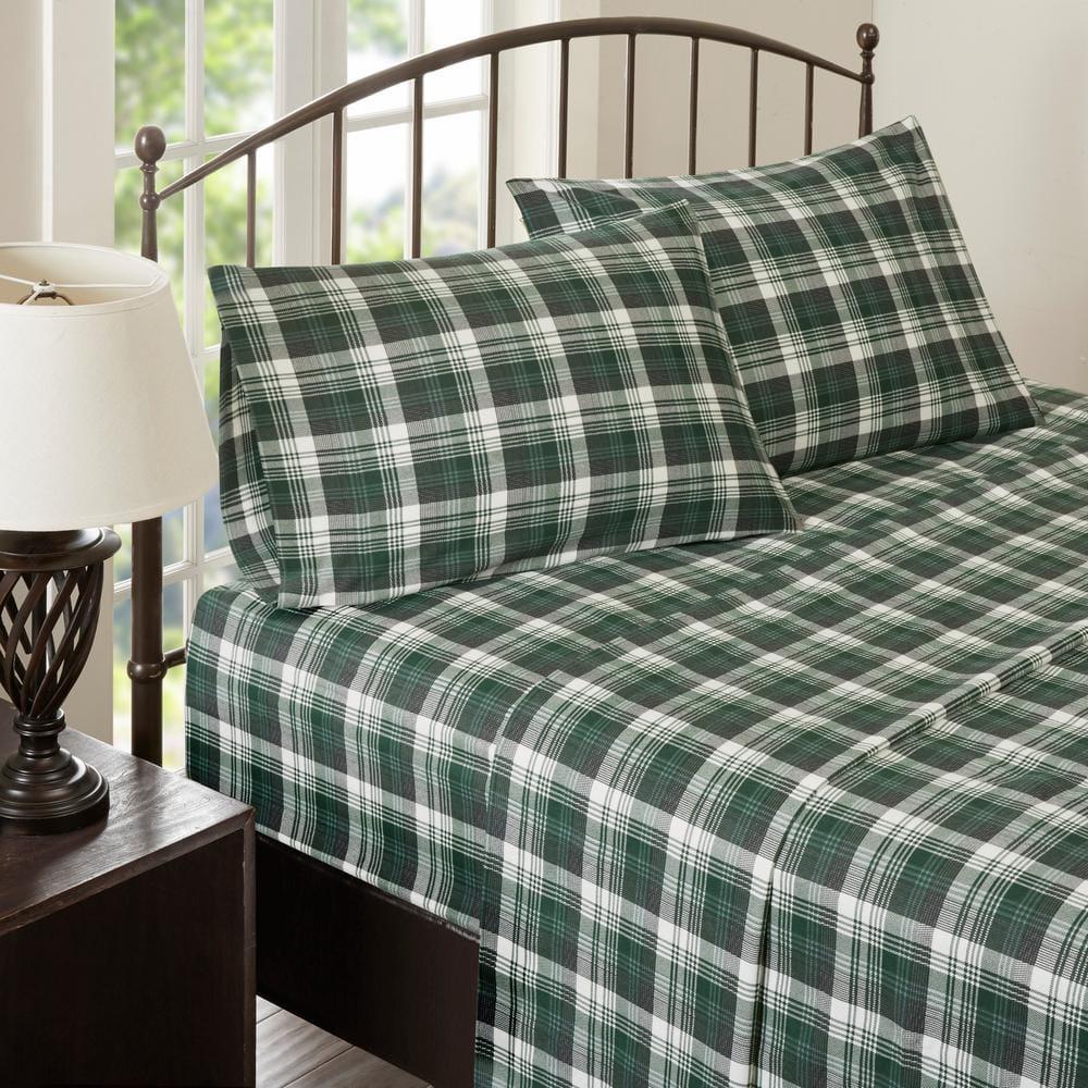 King Patterned Flannel Sheet Set Green Plaid