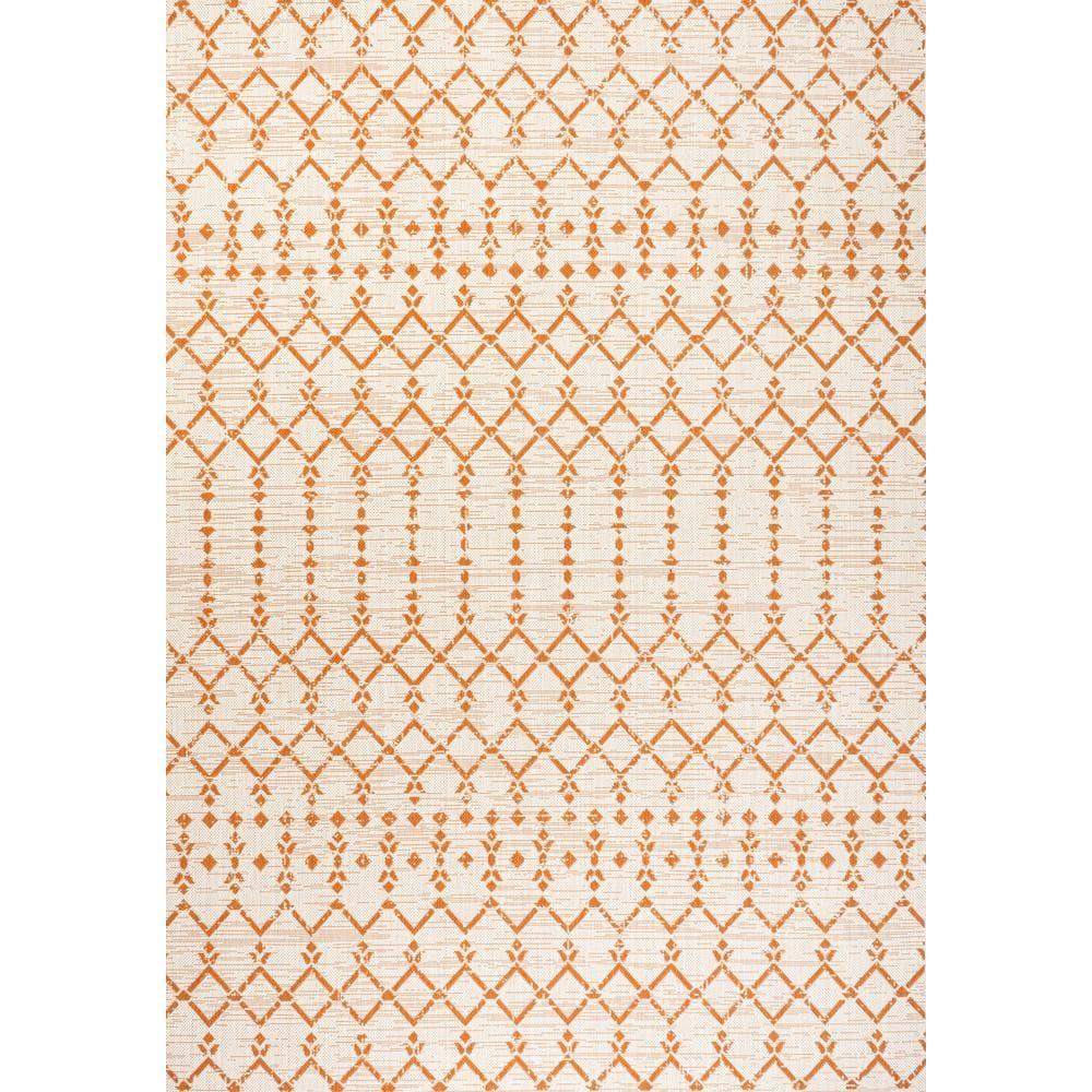 5' x 8' Ourika Moroccan Geometric Textured Weave Indoor/Outdoor Area Rug, Cream/Orange - JONATHAN Y