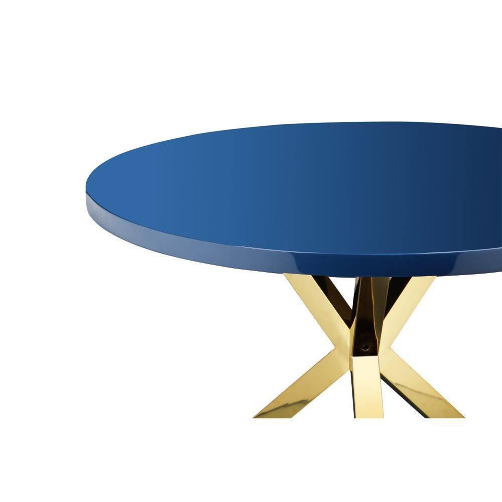 Benjara Emi 47 Inch Dining Table, Round White Lacquer Top, X Twisted Gold Legs