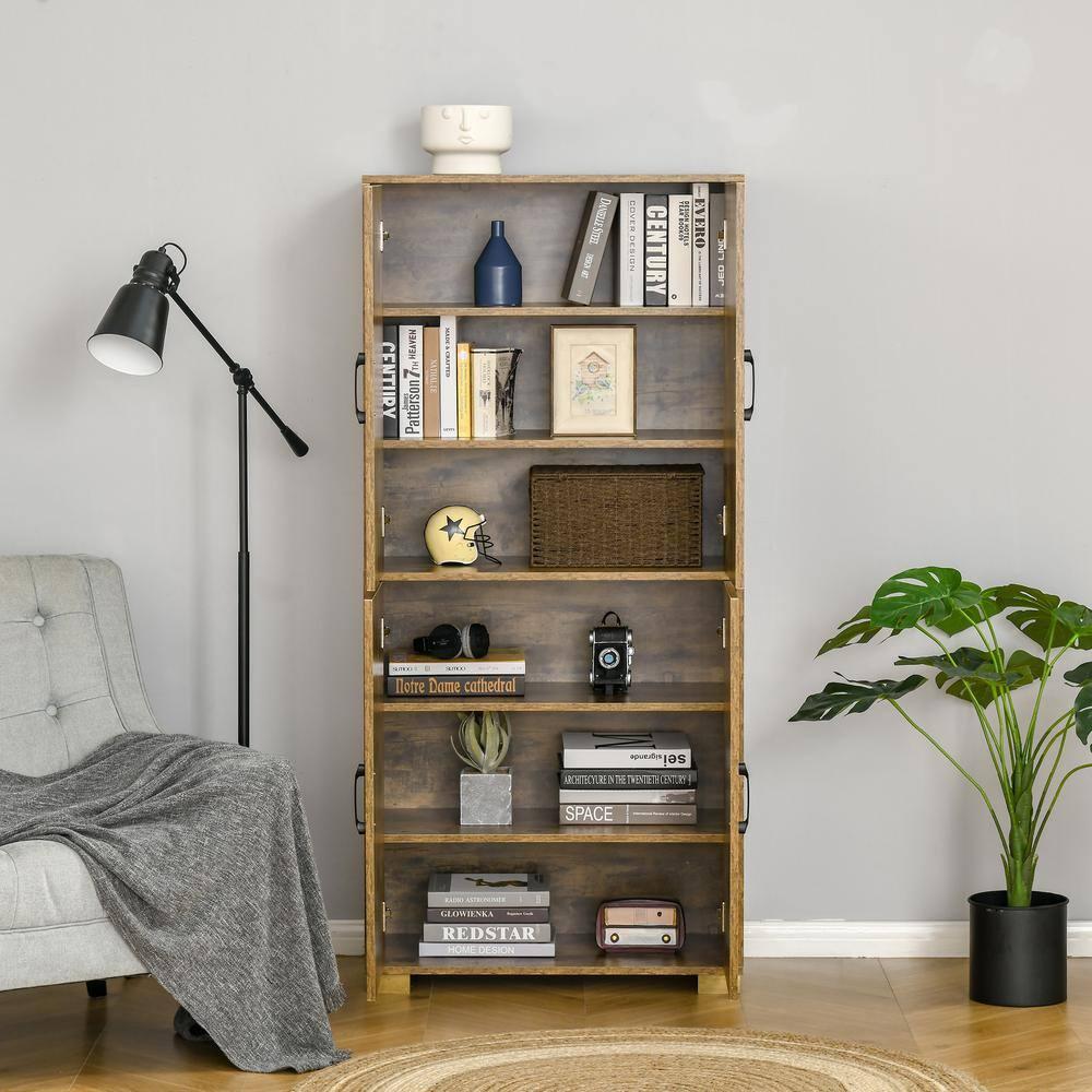 HOMCOM Industrial Style 4-Door Cabinet Pantry Cupboard with Storage Shelves for Bedroom and Living Room, Rustic Wood