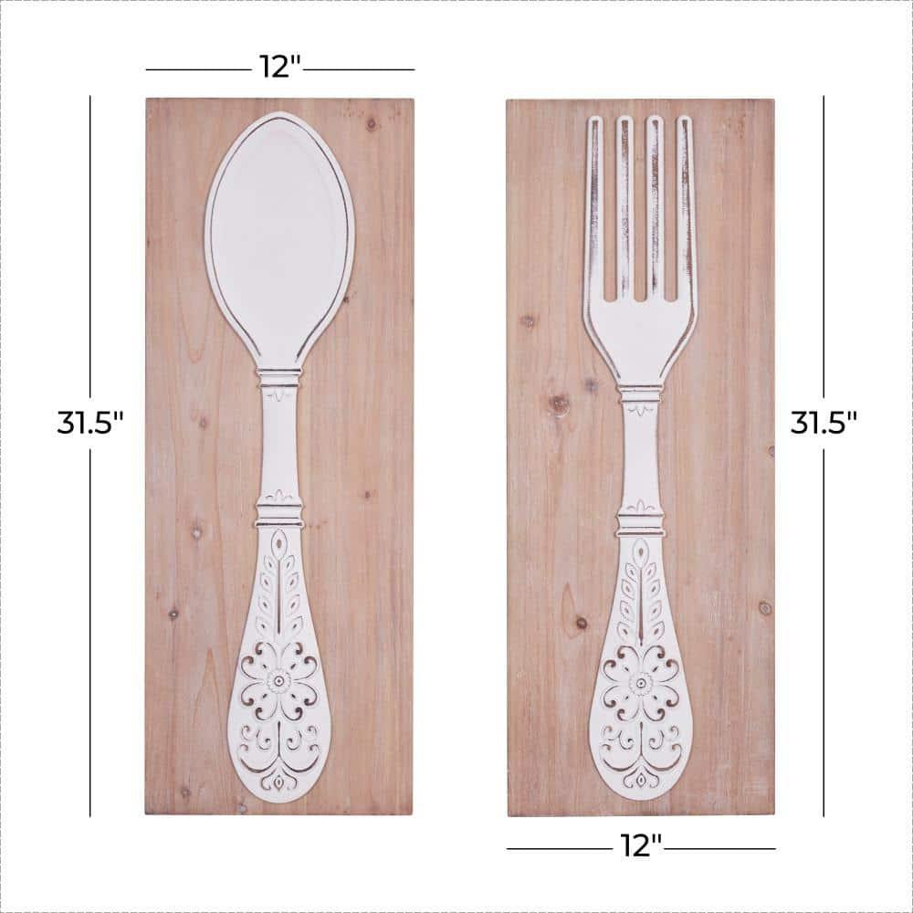 DecMode Brown Wooden Utensils Wall Decor with Carved White Floral Designs (2 Count)