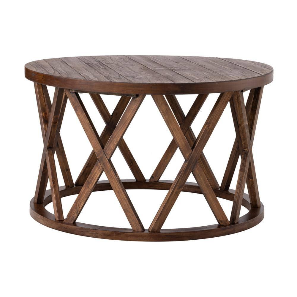 COZAYH Farmhouse Coffee Table, Rustic Round Coffee Table with X-Motifs Legs, Wood Textured Top, for Boho, French Country Decor, Brown