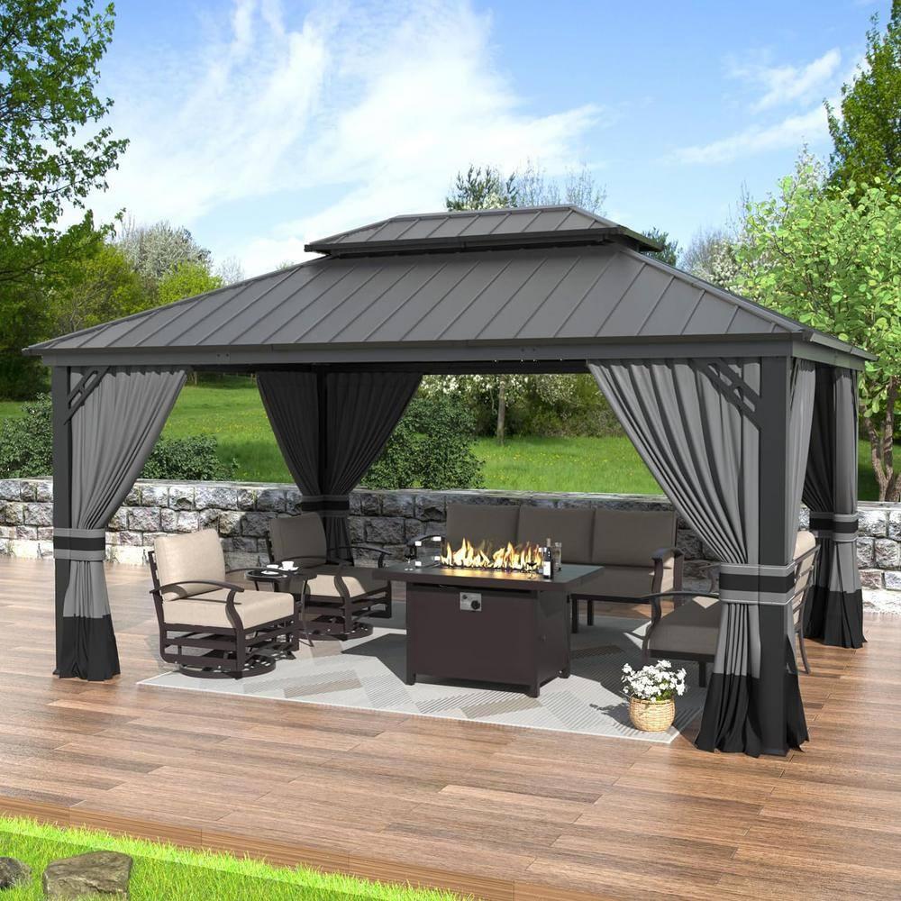 Kozyard Kozyard Alexander Gray Double Roof Hardtop Gazebo with Privacy Curtain Mosquito Netting
