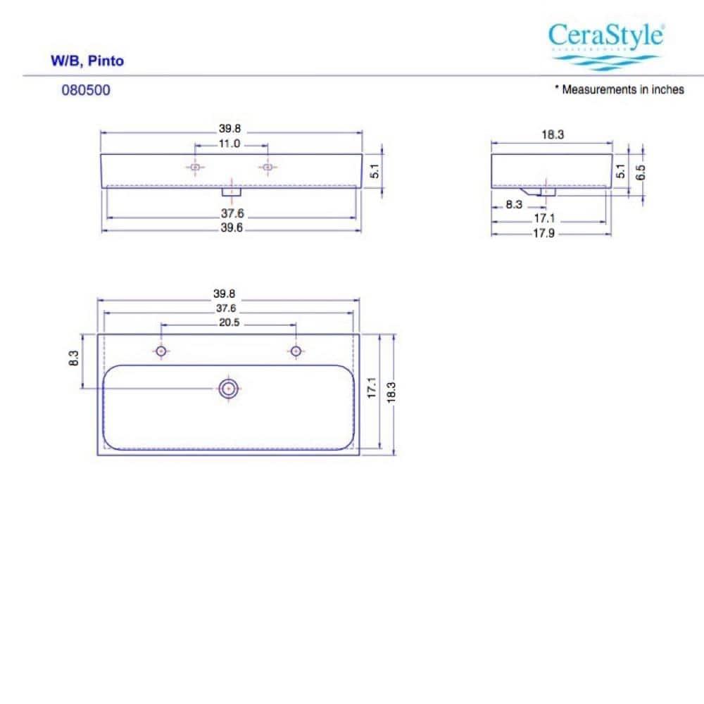 CeraStyle By Nameeks Pinto 18.3'' White Ceramic Rectangular Vessel, Wall Mount Bathroom Sink with Overflow