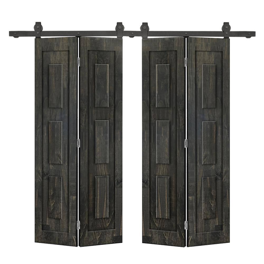 Calhome 3 Panel Shaker Pine Wood Double Bi-Fold Door with Sliding Barn Door Hardware Kit