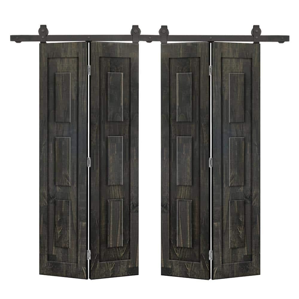 Calhome 3 Panel Shaker Pine Wood Double Bi-Fold Door with Sliding Barn Door Hardware Kit