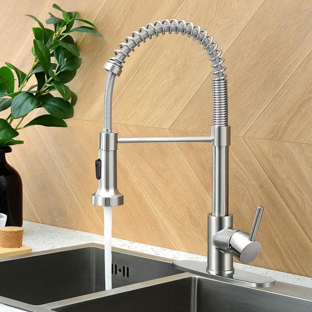 1-Handle Pull Down Sprayer Kitchen Faucet Spring Stainless Steel Kitchen Sink Faucet in Brushed Nickel