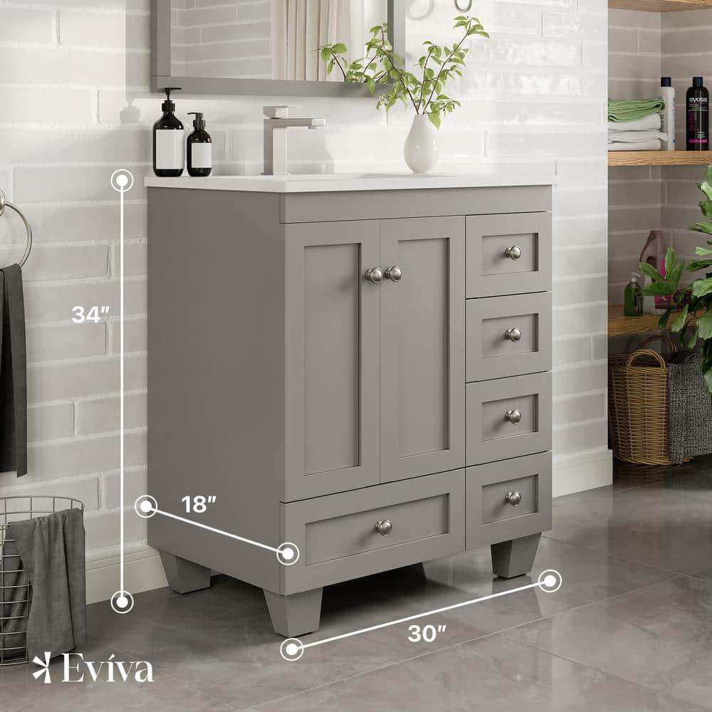 Eviva Happy 30" x 18" Transitional Gray Bathroom Vanity with White Carrara Marble Countertop