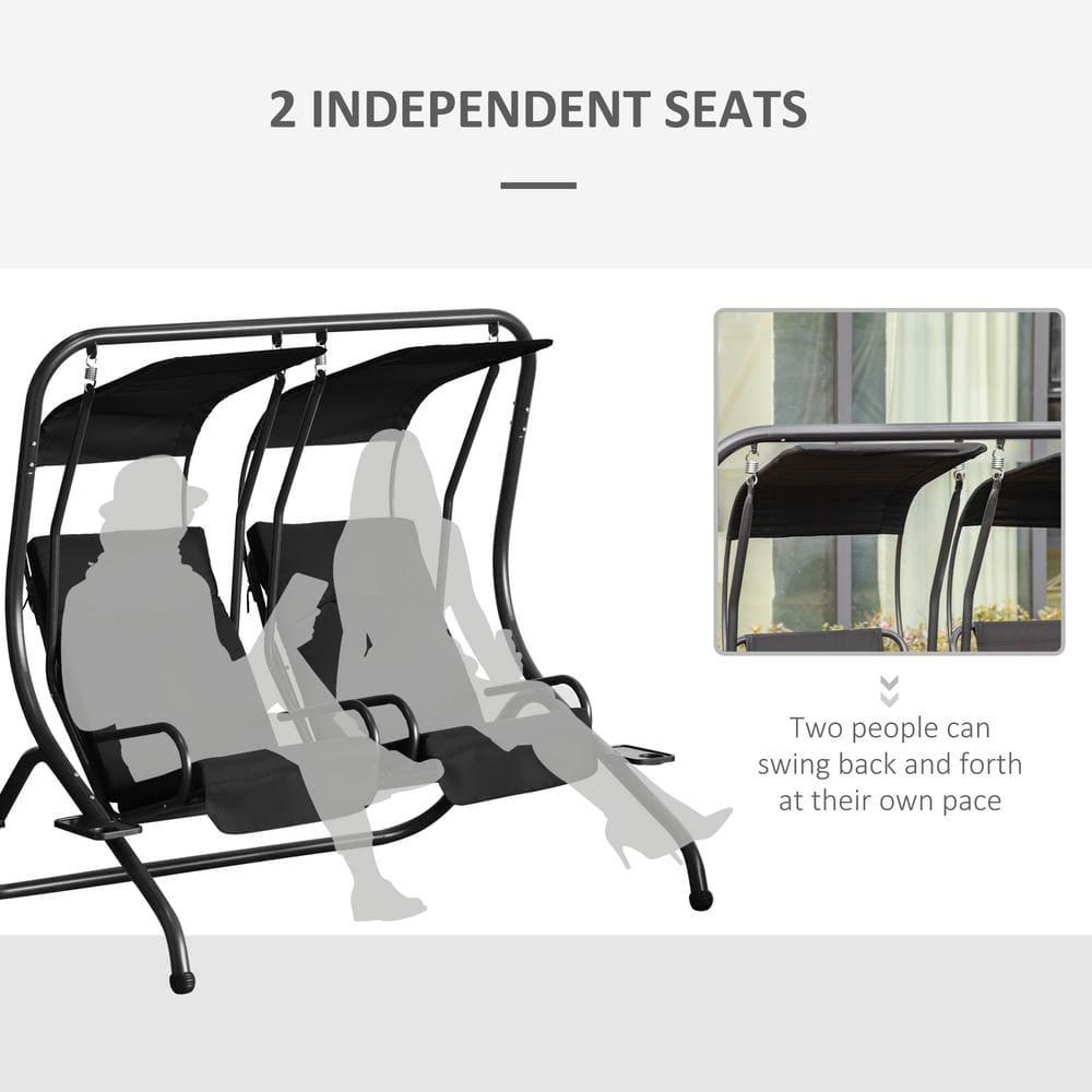 Outsunny Modern 2-Seater Outdoor Patio Swing Chair, Porch Seats with Cup Holder and Removeable Canopy, Black