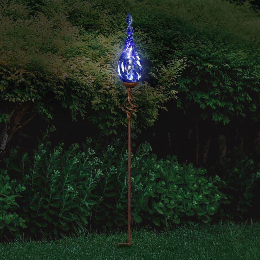 Exhart Exhart Solar Pearlized Hand Blown Glass Twisted Flame Garden Stake with Metal Finial Detail, 36 Inch