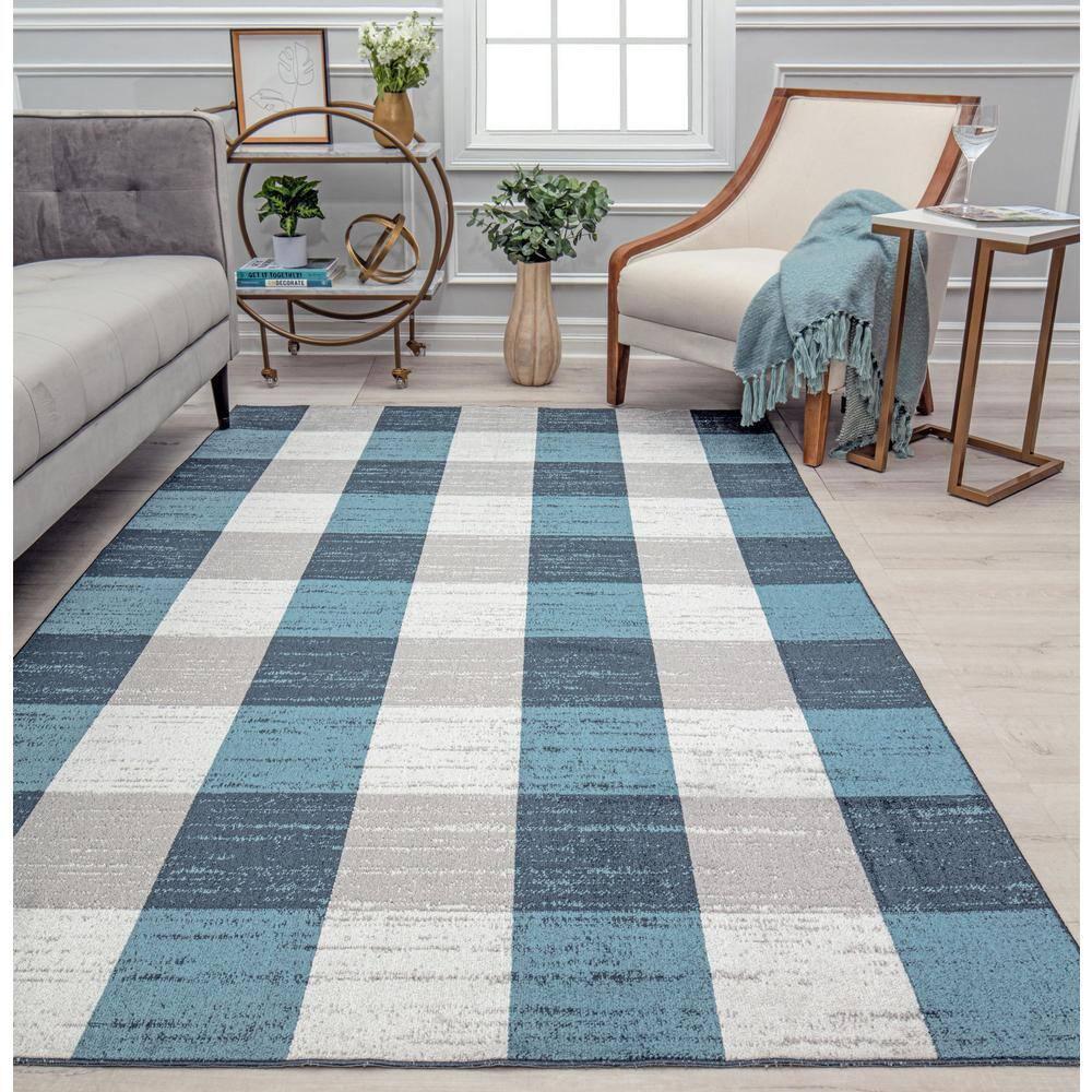 Rugs America Jaelyn JD65A Bedford Check Modern Contemporary Blue Area Rug for Dining Room Rug Neutral Rug Living Room Rug Kitchen, 2'6" x 8'