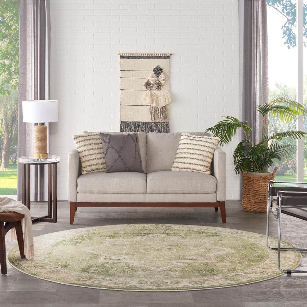 Nourison Washable Astra Vintage Medallion Indoor Flatweave Area Rug Ivory Green 5'3" x Round