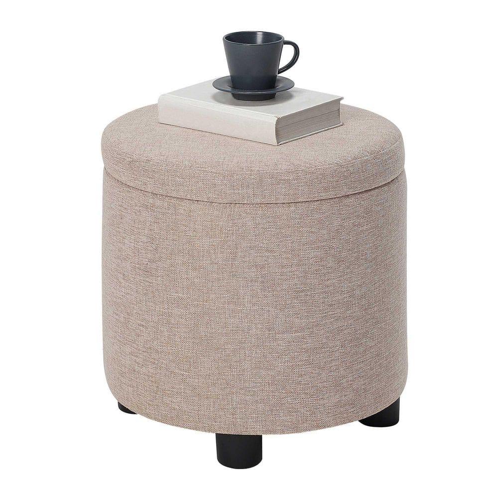 Designs4Comfort Round Accent Storage Ottoman with Reversible Tray Lid, Tan Fabric