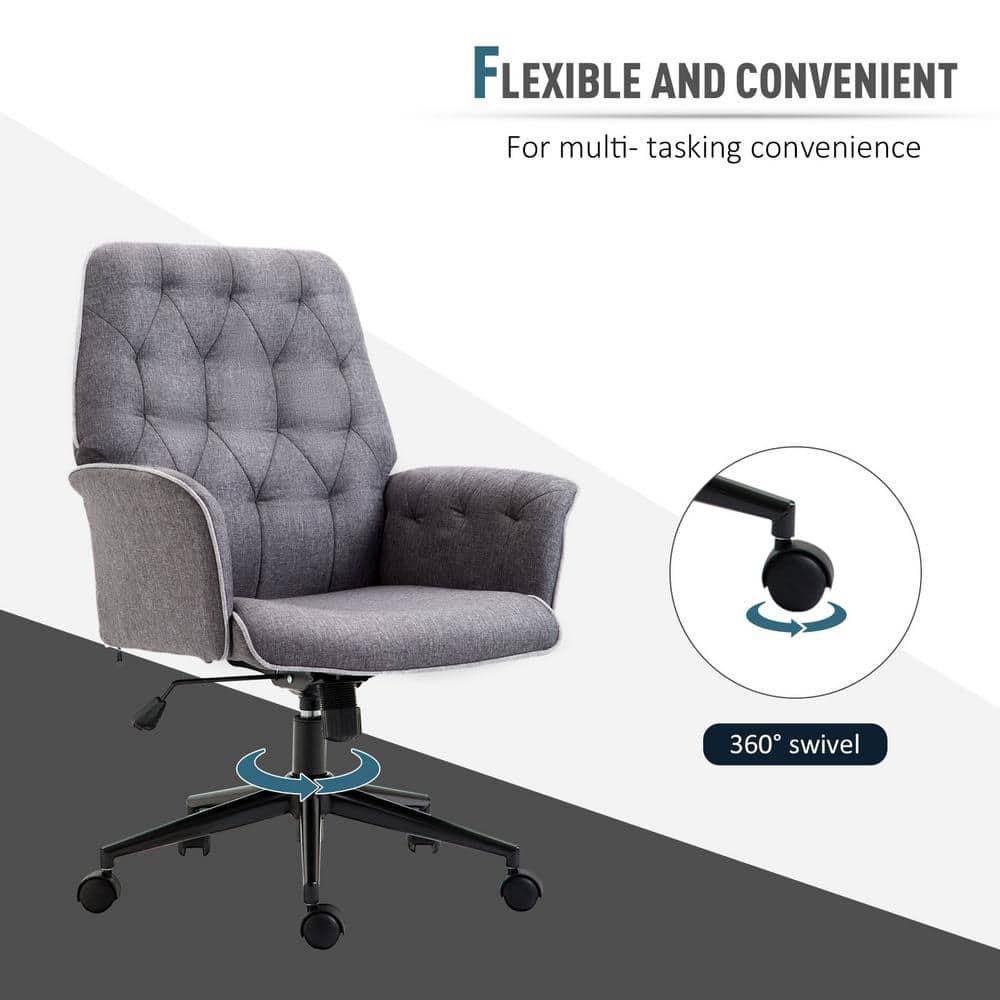 Vinsetto Modern Mid-Back Tufted Linen Home Office Desk Chair with Arms, Swivel Adjustable Task Chair, Upholstery Accent Chair with Soft Seat, Gray