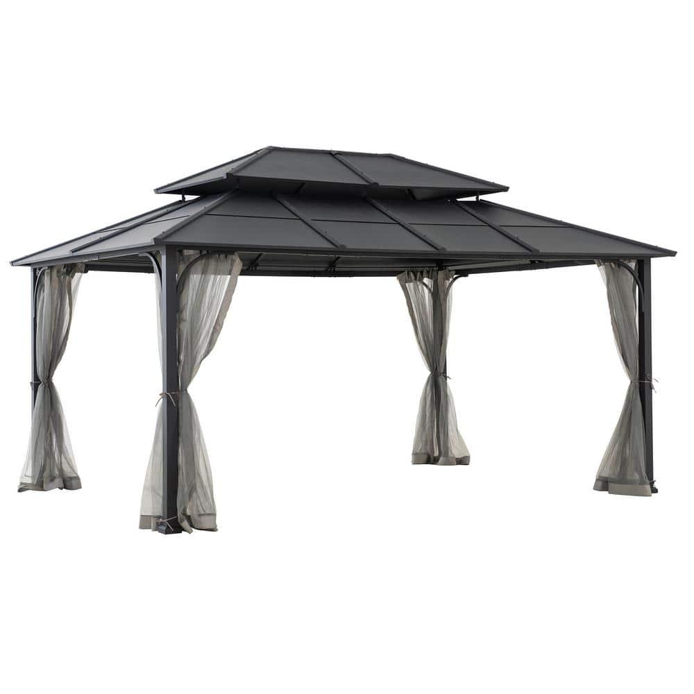 Sunjoy Sunjoy Hardtop Gazebo 12 x 16 ft. Outdoor Gazebo, Heavy Duty Steel Frame Gazebo, Double Tiered Metal Gazebo with Ceiling Hook and Removable Netting Sidewalls