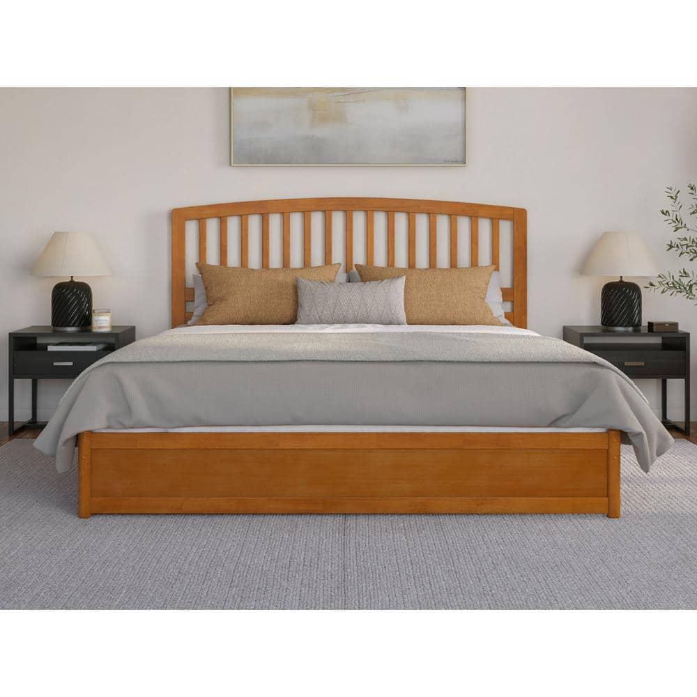 Lucia King Wood Platform Bed with Panel Footboard & Drawers in Light Toffee