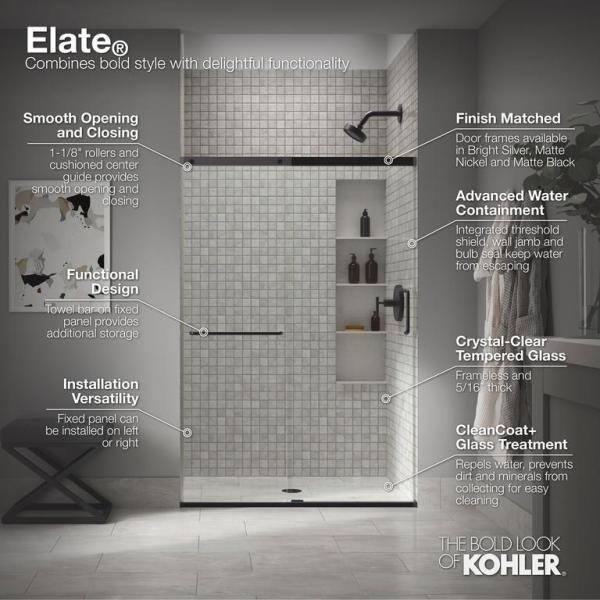 Elate Tall Sliding Shower Door, 75-1/2-In H X 44-1/4 - 47-5/8-In W, With Heavy 5/16-In Thick Crystal Clear Glass