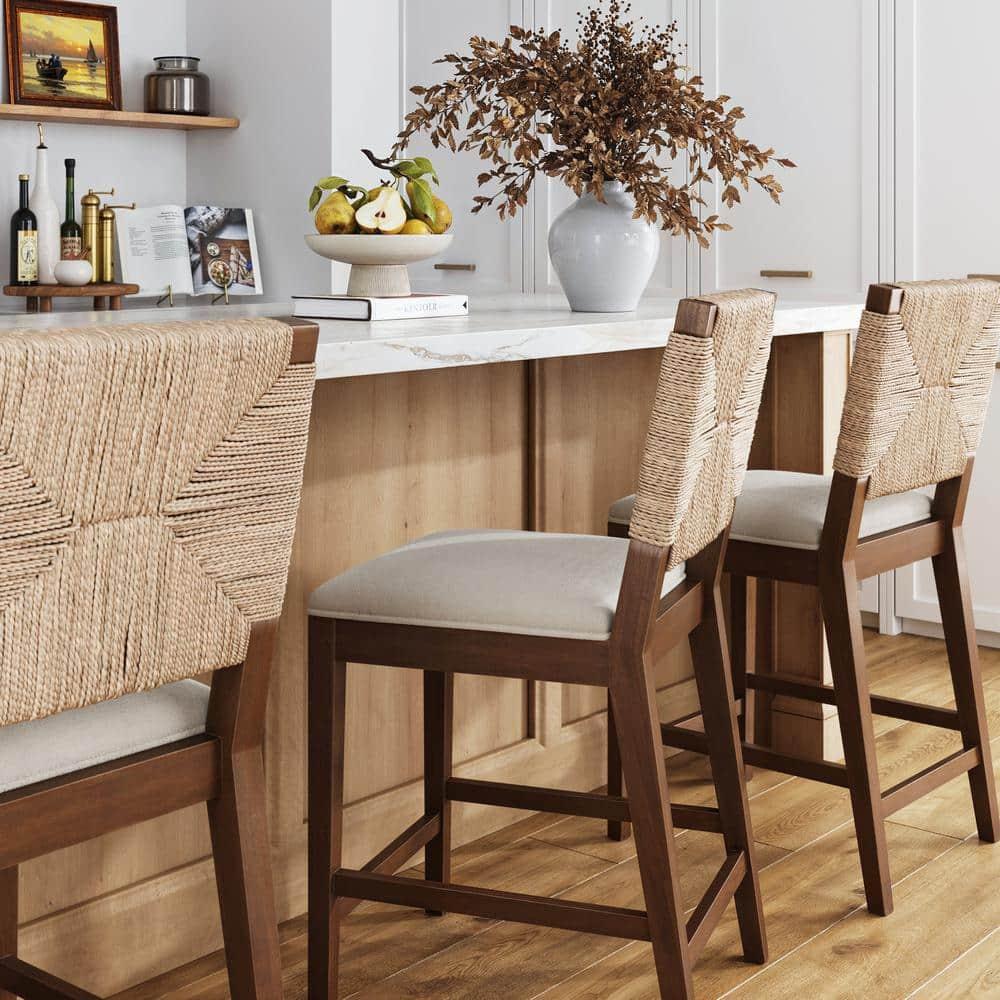 Nathan James Beacon Bohemian Boucle Bar Stool, Upholstered Bar Stool or Island Chairs for Kitchen, Seagrass Counter Height Stool with Back and Solid Wood Legs, Cream Boucle/Dark Brown