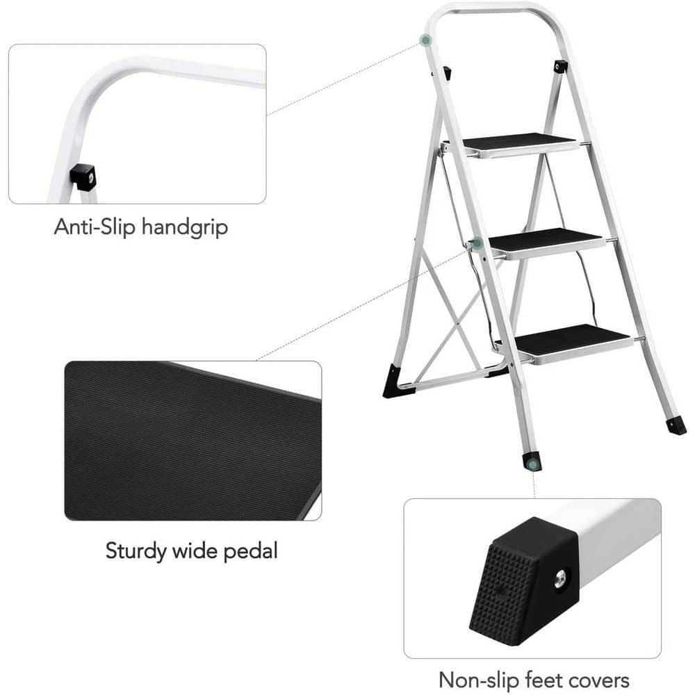 WAYPLUS 330lb Capacity 3 Step Steel Ladder, Folding Portable Step Stool w/ Non-Slip Feet, Rubber Pads