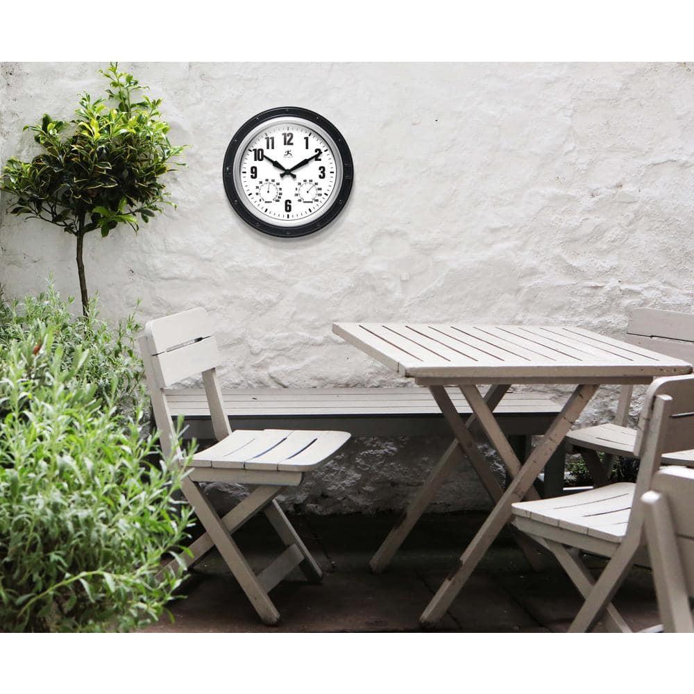 16" Forecaster Wall Clock Silver - Infinity Instruments: Modern Analog, Outdoor Use, Thermometer Feature