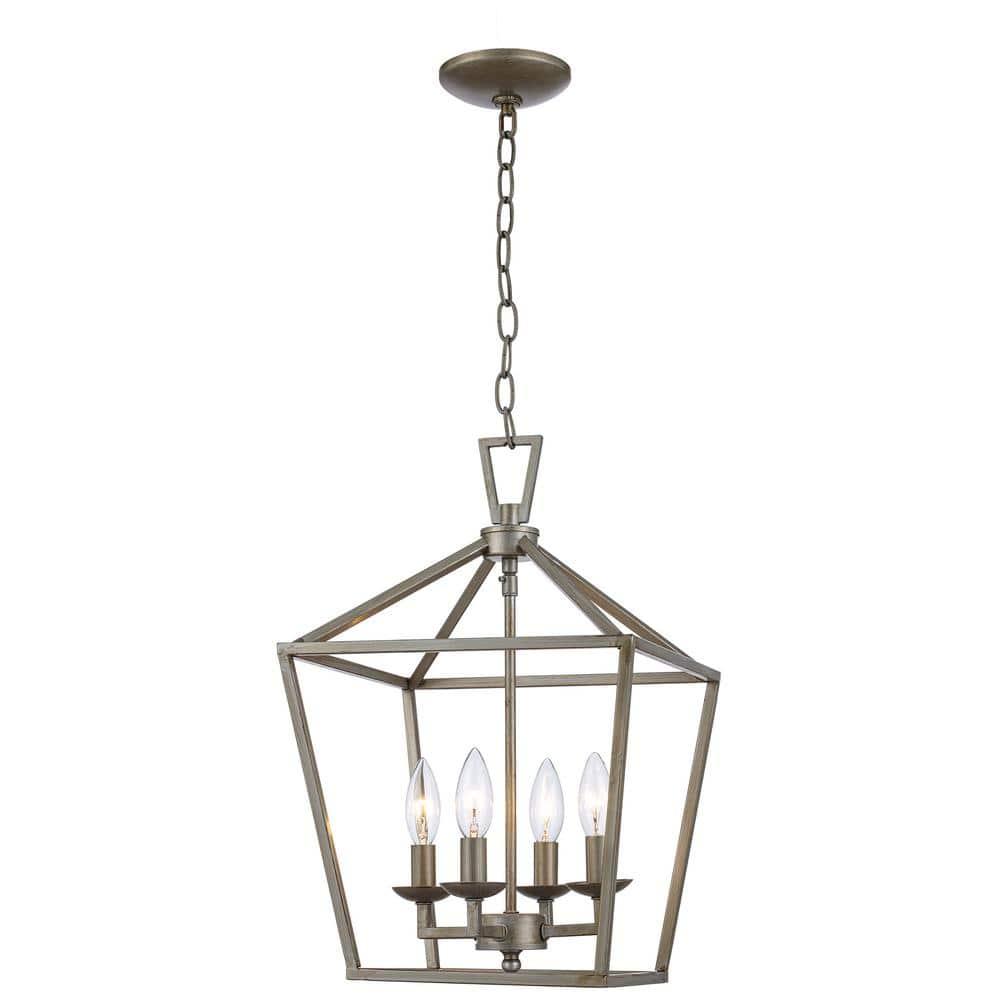 Lacey 4-Light Antique Silver Leaf Pendant Light Fixture with Caged Metal Shade
