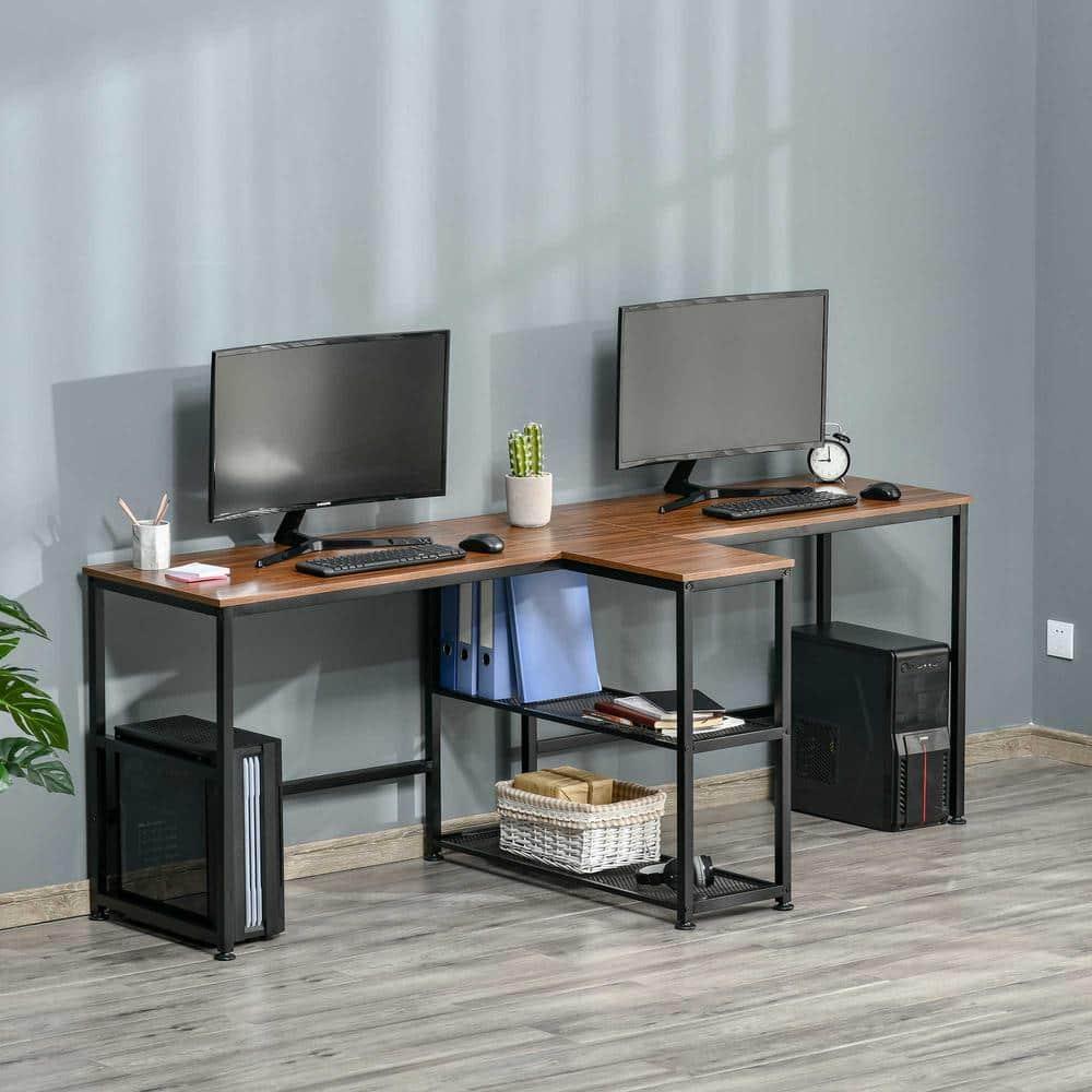 HOMCOM 83" Two Person Computer Desk with 2 Storage Shelves, Double Desk Workstation with Book Shelf,  Long Desk Table for Home Office, Dark Walnut