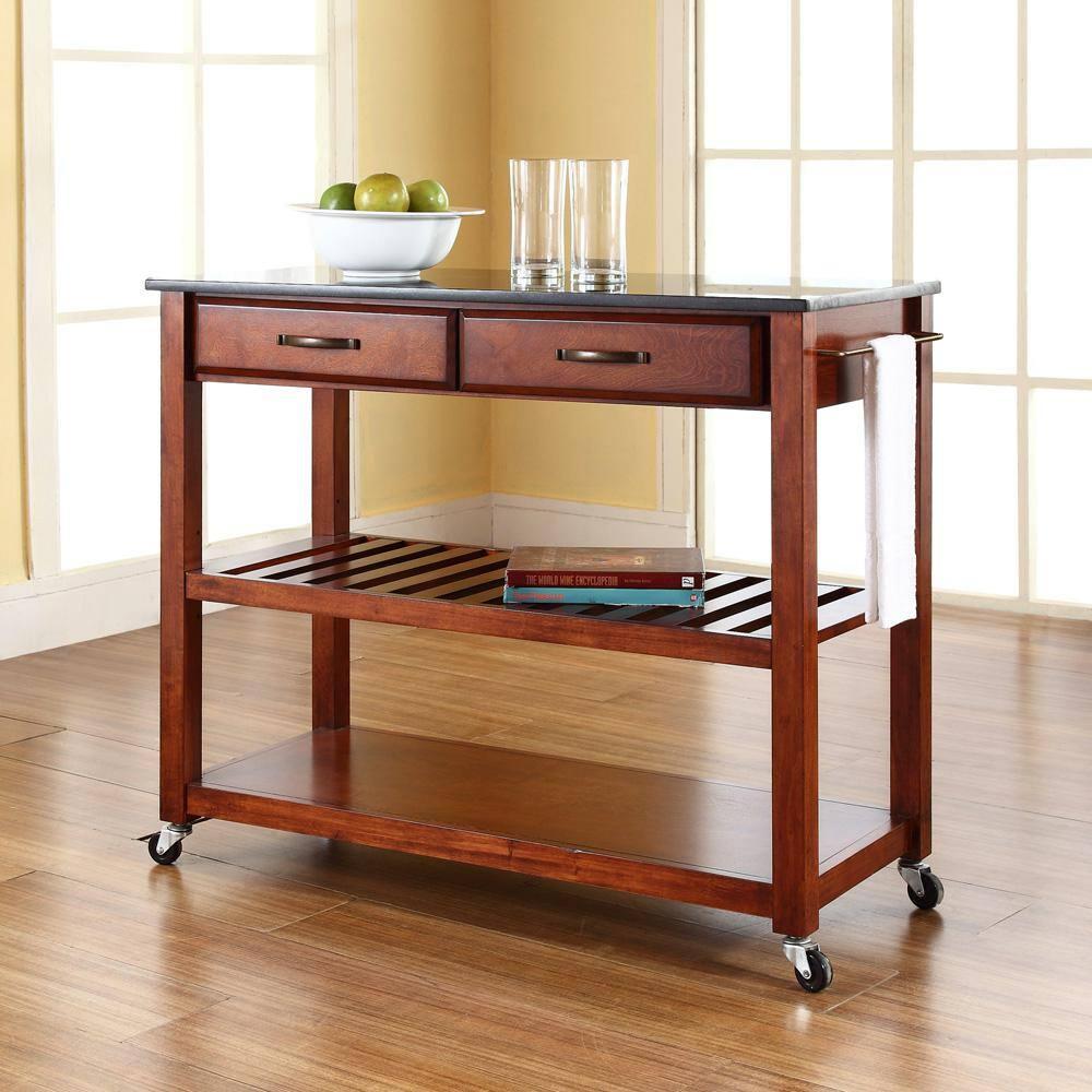 Crosley Solid Black Granite Top Kitchen Cart/Island with Optional Stool Storage Classic Cherry: Modern Rolling Furniture with Storage, 2 Shelves