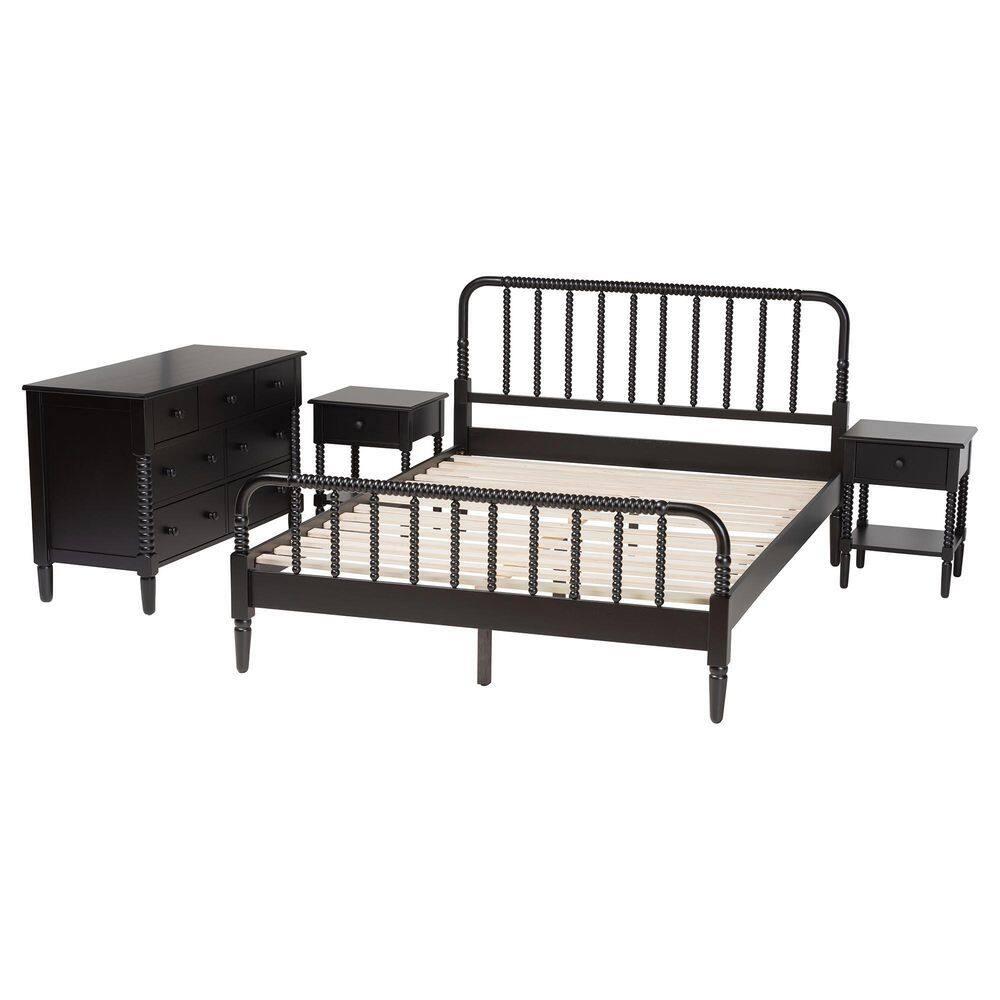 Baxton Studio Braith Farmhouse Black Spindle Wood Queen Size 4-Piece Bedroom Set
