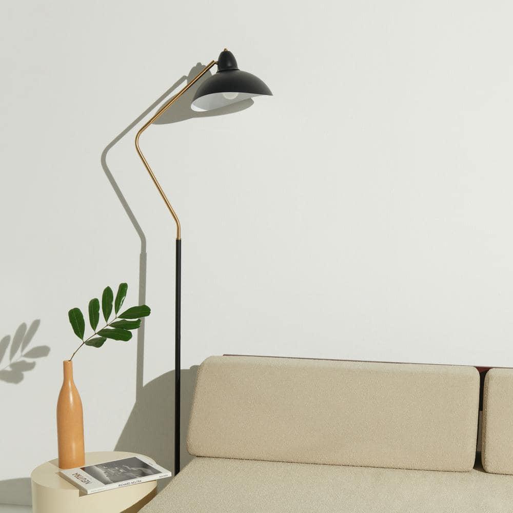 Brightech Swoop 69 in. Mid Century Modern Adjustable Curved Black Standing Lamp with Metal Bowl Shade and Gold Finish - LED Bulb Included