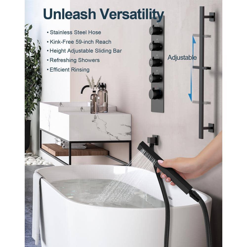 GRANDJOY 16 inch Complete Dual Shower Head System, Celling Mounted Shower Faucet Set with Hand Shower Head, Rough in-Valve, 6 Massage Body Jets - Matte Black