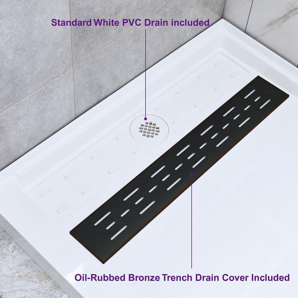 60" x 36" Solid Surface Single Threshold Shower Pan Base with Drain Assembly & Drain Cover Included, Non-Slip