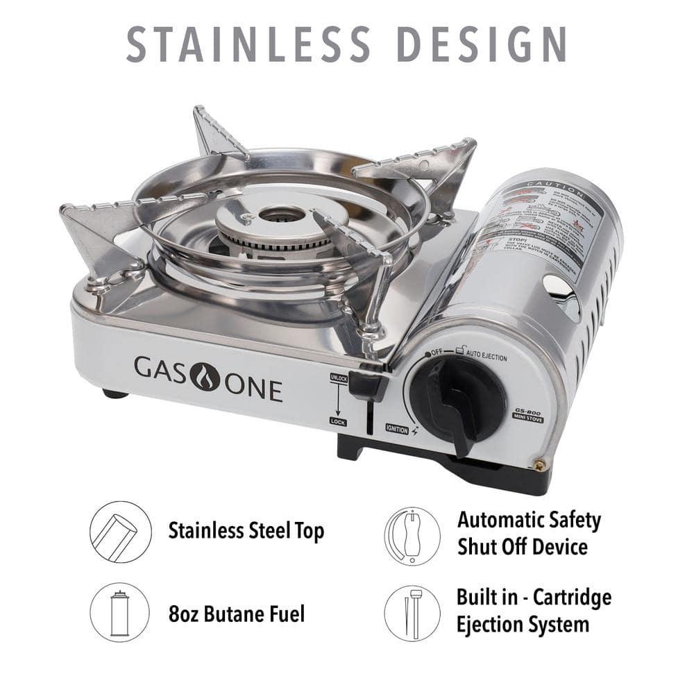 GasOne Emergency Gear Camping Mini Butane Portable Gas Stove with Carrying Case, Stainless Steel, White, GS-800