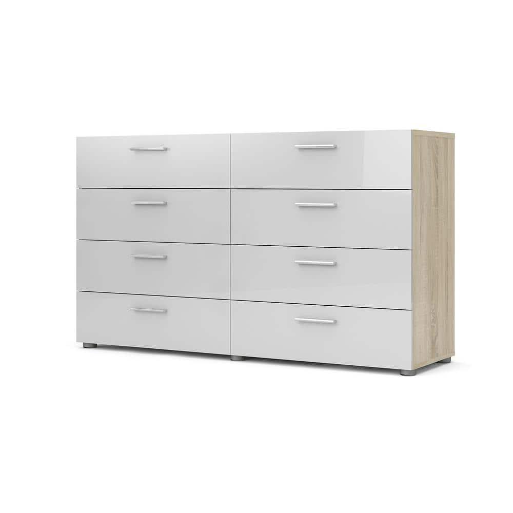Tvilum Loft 8 Drawer Double Dresser for Adults, Oak Structure and White High Gloss