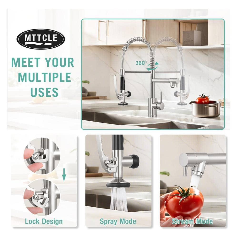 Commercial Kitchen Faucet with Pull Down Sprayer, Stainless Steel Kitchen Sink Faucet, Single Handle Spring Kitchen Faucets (Brush Nickle)