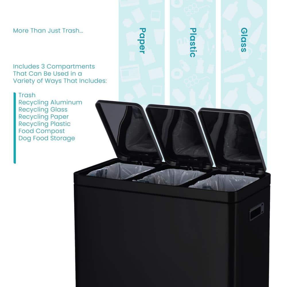 Black Stainless Steel 15.8 Gal. Step-On Kitchen Trash Can with Three Compartments