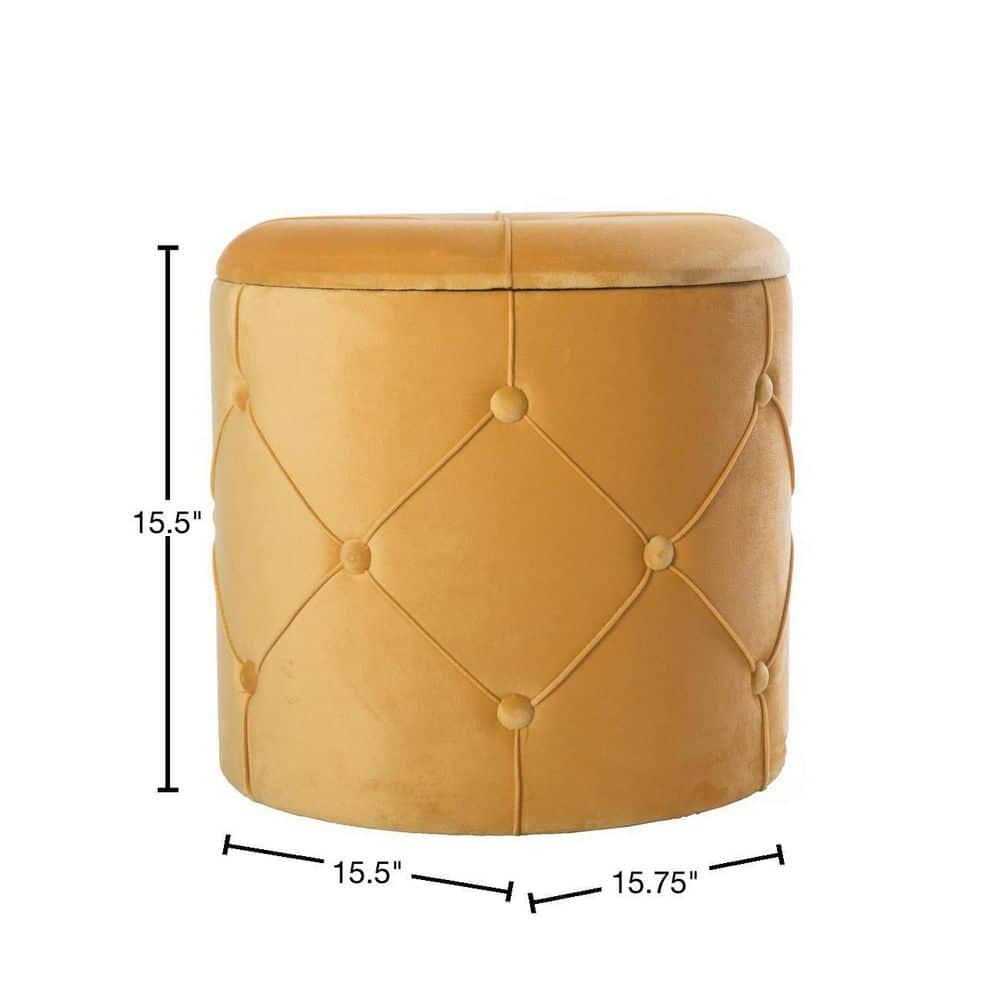 Fabulaxe  15.75 x 15.5 in. Round Wooden Velvet Ottoman Stool with Lid, Yellow
