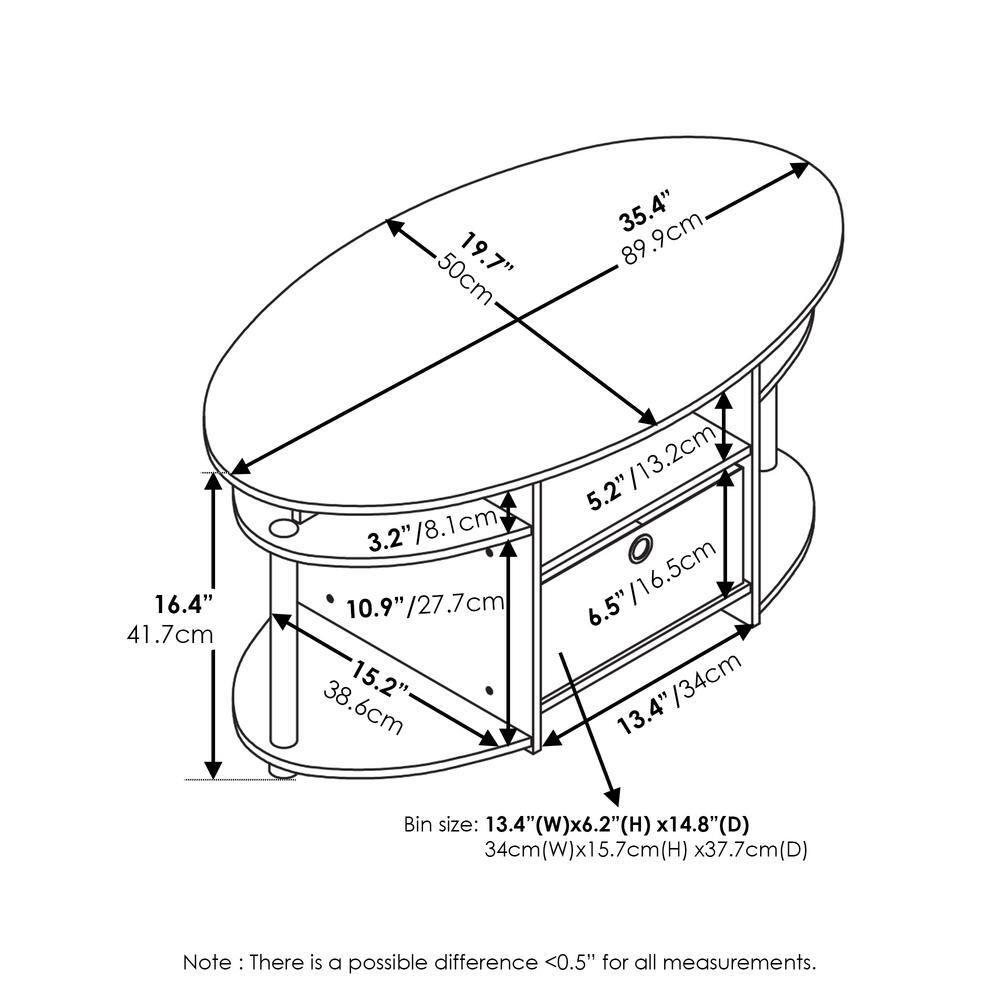 Furinno JAYA Simple Design Oval Coffee Table with Bin, White Oak, Stainless Steel Tubes
