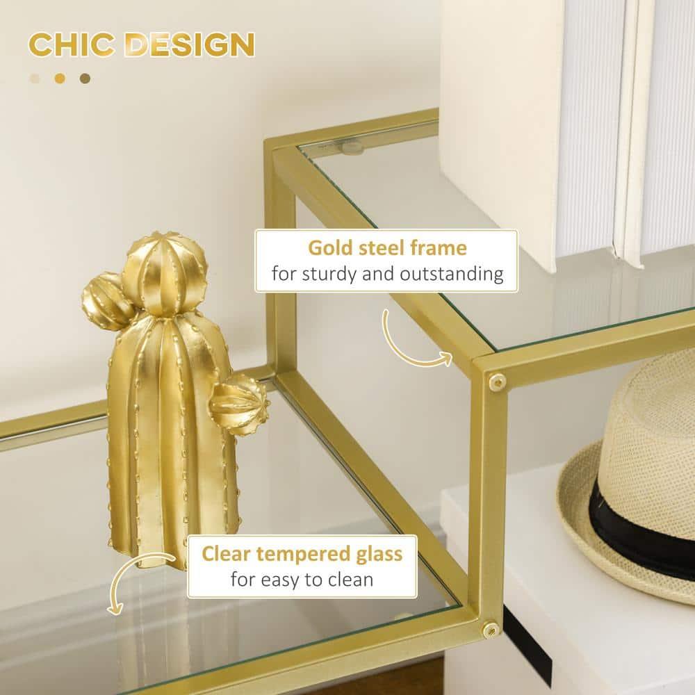 HOMCOM Gold Console Table, 39" Tempered Glass Behind Sofa Table, Narrow Entryway Table with Storage Shelves, Steel Frame Glass Table