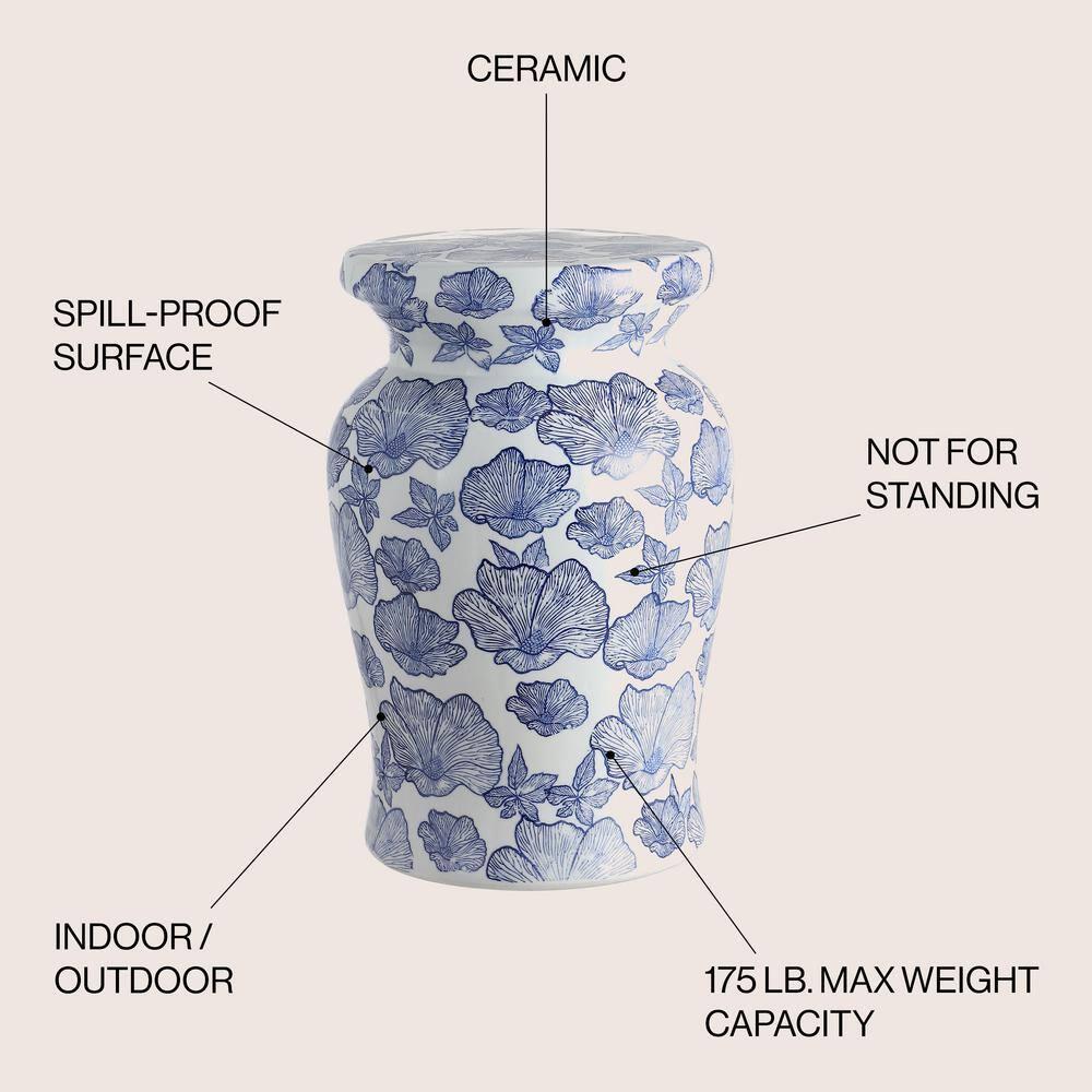 JONATHAN Y Poppies 17.7" Ceramic Garden Stool, White/Blue