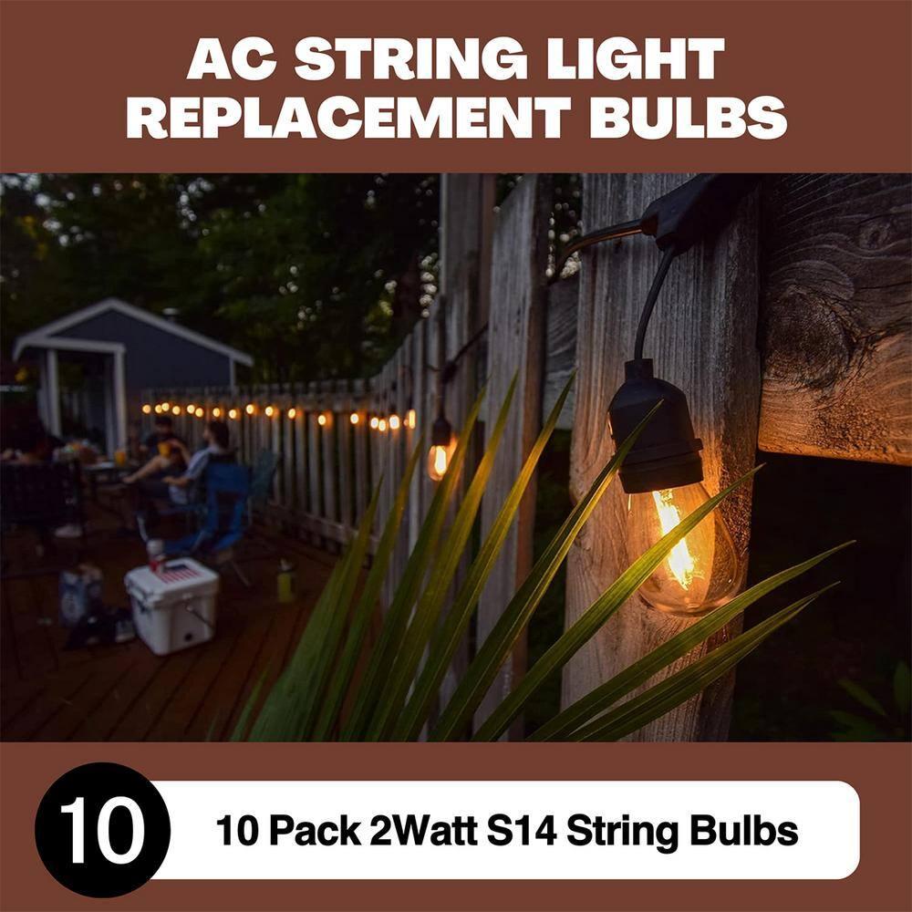 NorbSTRING 2W AC LED Replacement Bulbs for Plug-in String Lights - Warm Candlelight Glow, E26 Standard Base, Shatterproof, Energy-Efficient – Outdoor Weatherproof S14 Bulbs (10-Pack)