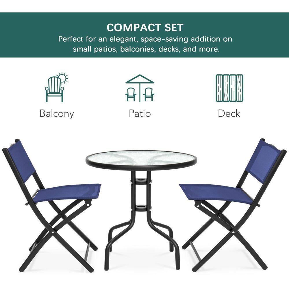 George Oliver 3-Piece Patio Bistro Dining Furniture Set W/ Glass Tabletop, Folding Chairs
