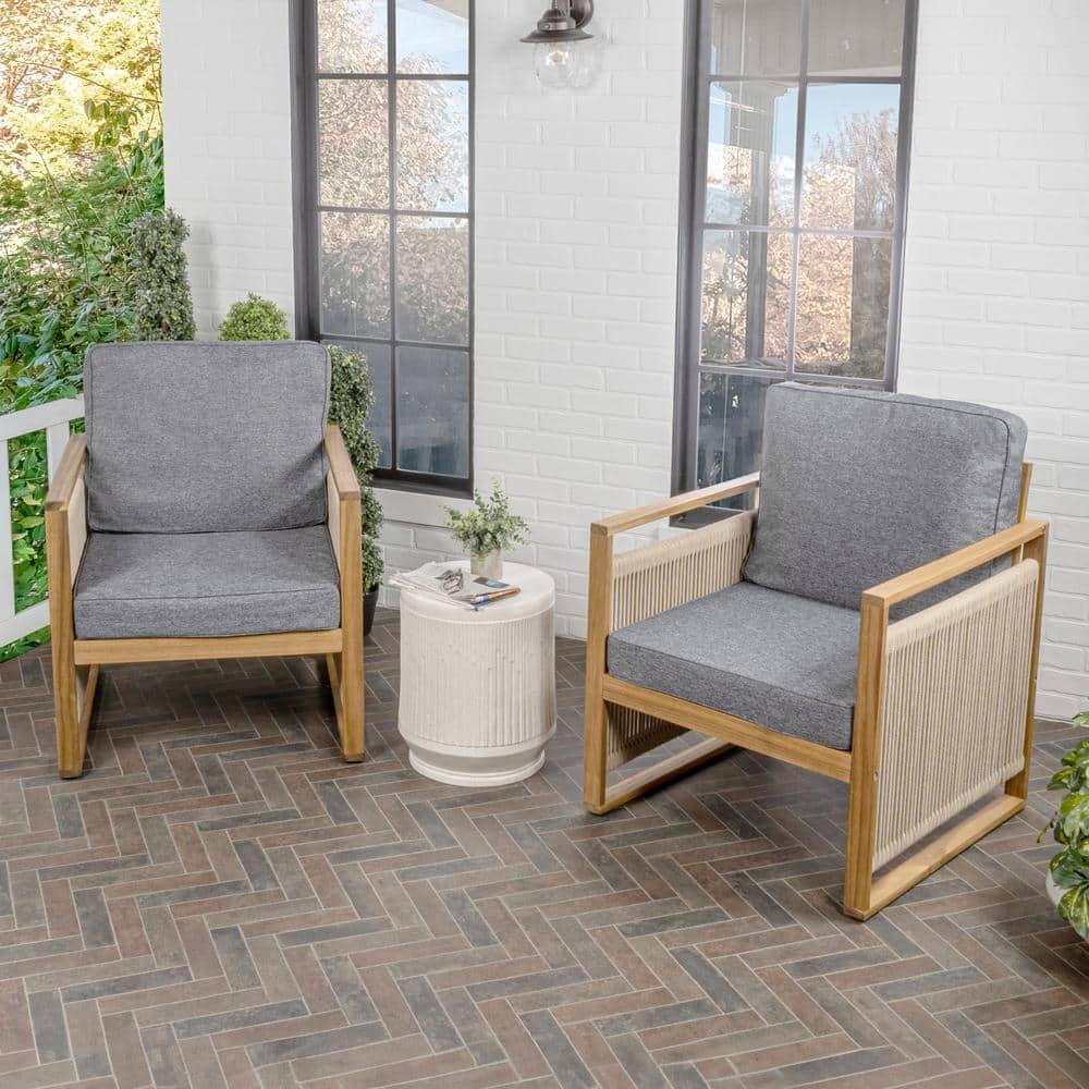 Gable Mid-Century Modern Roped Acacia Wood Outdoor Patio Chair with Cushions, Gray/Teak Brown (Set of 2) - JONATHAN Y