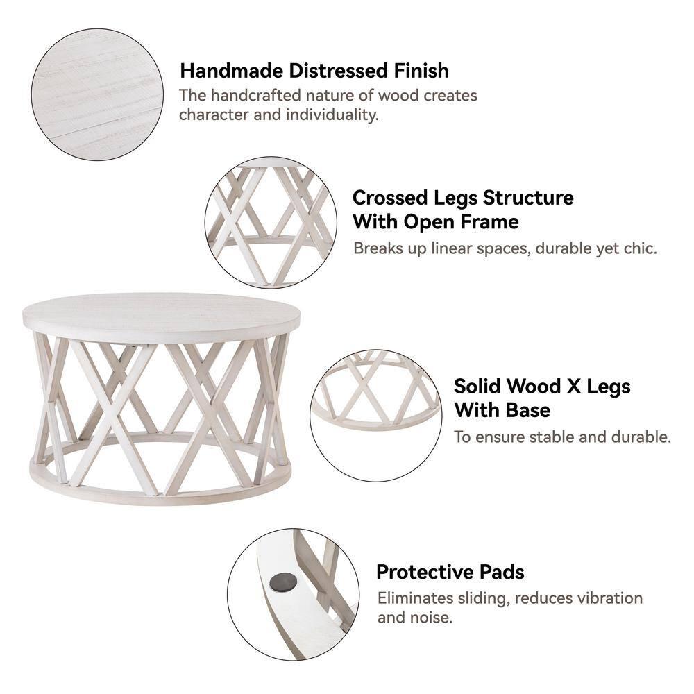 Antique White Round Wood Coffee Table with X-Motifs