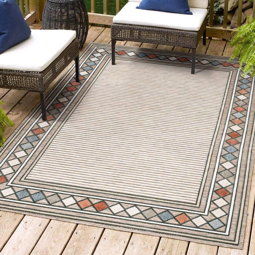 JONATHAN Y Sebastian High-Low Modern Diamond Border Brown/Ivory 3 ft. x 5 ft. Indoor/Outdoor Area Rug