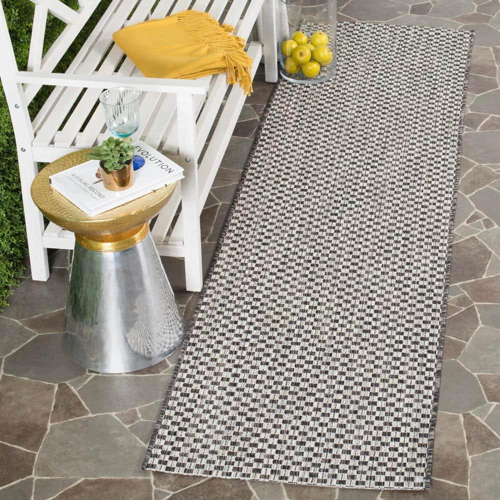 SAFAVIEH Courtyard Blair Checkered Indoor/Outdoor Runner Rug, Black/Light Grey, 2'3" x 14'